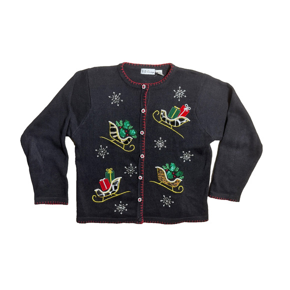 Christmas Sweater Embellished Pearls Sequin Black Animal Print Sleighs Sz Large - Picture 1 of 10